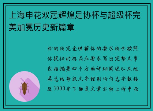 上海申花双冠辉煌足协杯与超级杯完美加冕历史新篇章